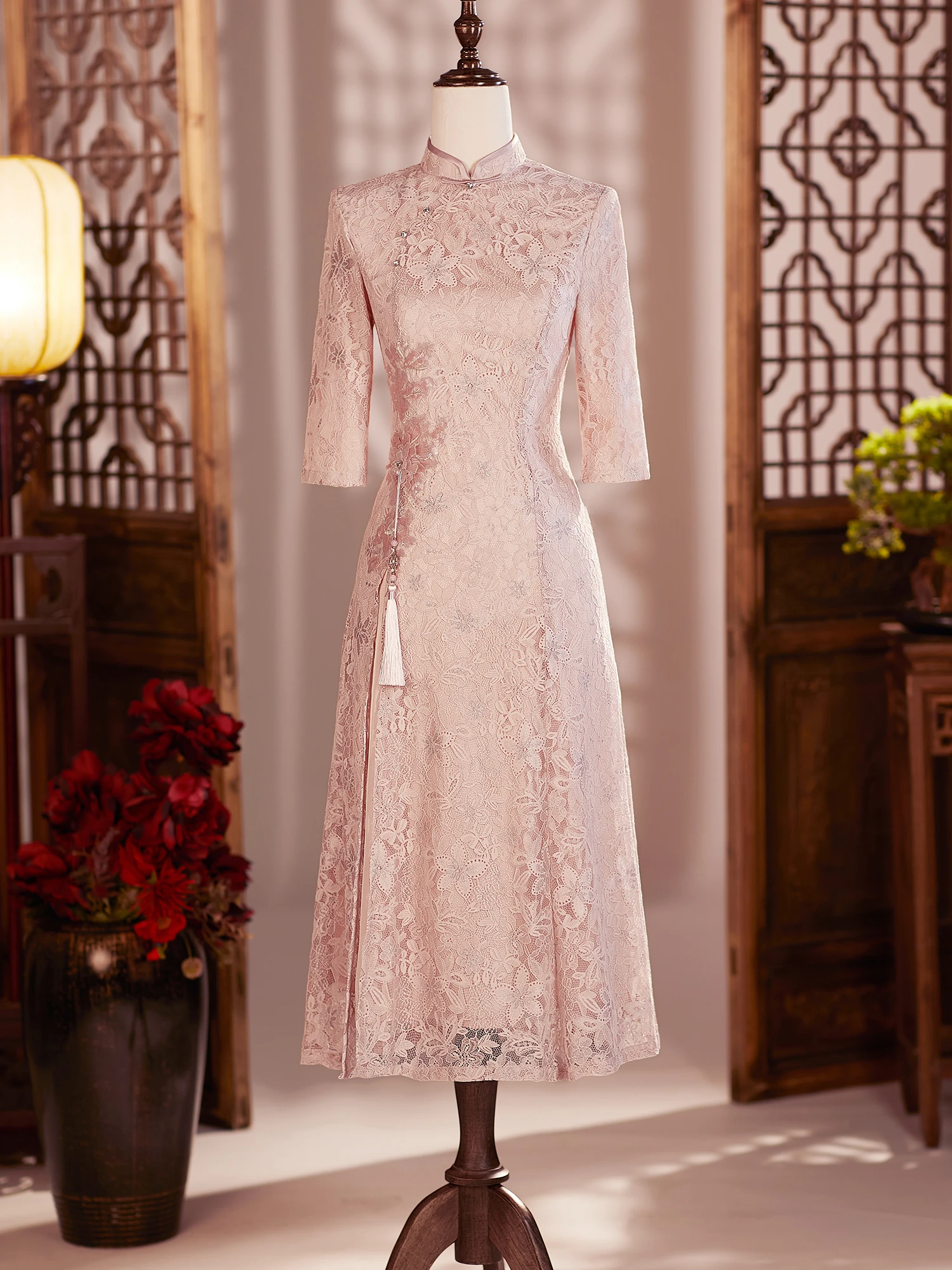 

Pink Lace Wedding Dr Long Sve A-Line Silhouette Vintage Sle Mid-Length Polyester Blend Warmth for Autumn