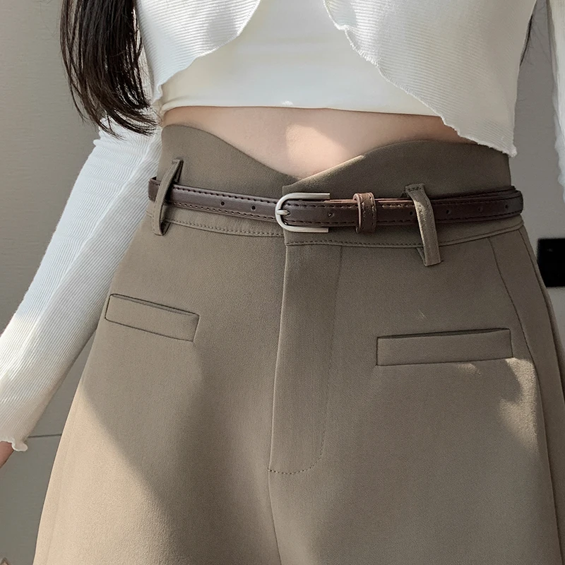 High Waist Gray Work OL Short Pants With Belt 2023 Fall Casual Suits Fabric Wide Leg Shorts Women images - 6