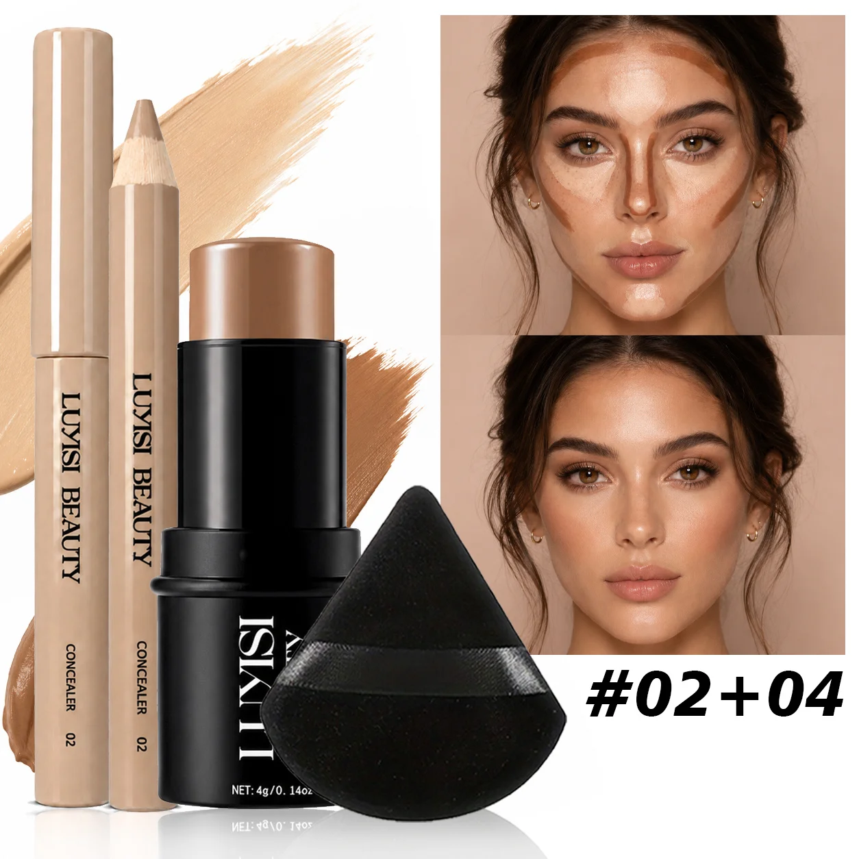 3pcs/Set Face Makeup:1pc Concealer+1pc Contour+1pc Blending Puff,Waterproof,Velvet Matte,All-Day Wear - Buildable Coverage.