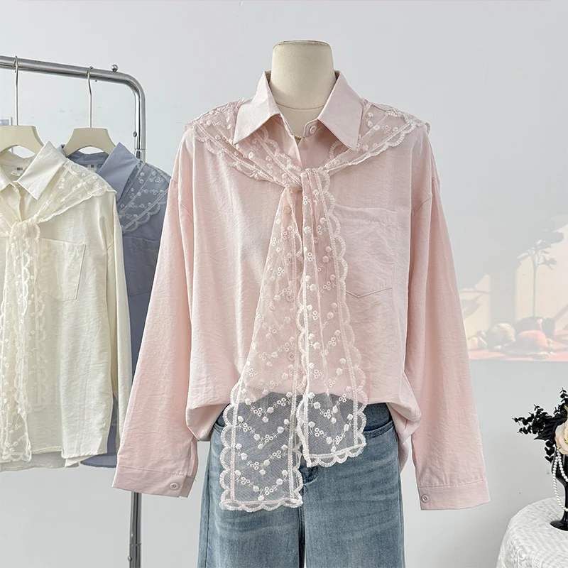

2025 Spring New Vintage French Women Clothing Blusas Mujer Lace Shawl Age Reducing Blouses Single-breasted Sweet Shirts