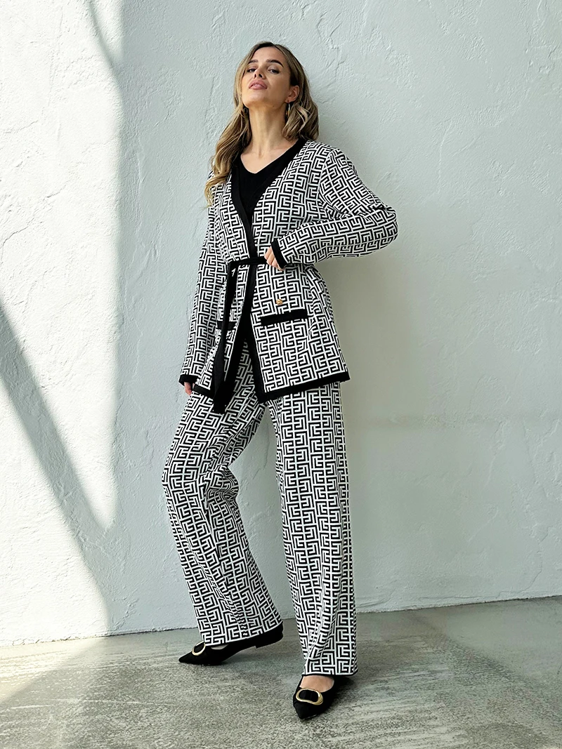 Luxury 3 Piece Knit Set Women Bandage Cardigan and Pants Set Winter Tracksuit Women Knitted Suit Knit Three Piece Set For Women