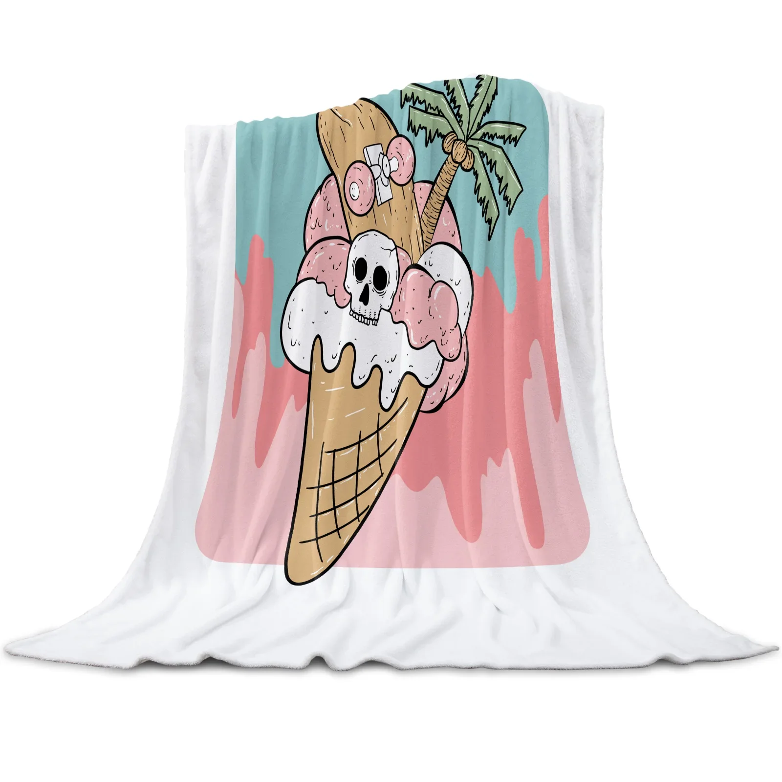 Ice Cream Theme Flannel Throw Blanket Sweet Taste of Summer Chocolate Fruity Flavor  Warm Super Soft Queen Size Boys Girls Gift