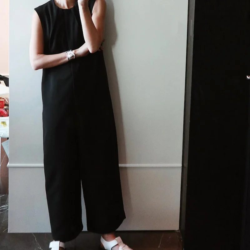 High Quality Sleeveless Wide Leg Pants Summer O Neck Chic Ruched Design Jumpsuit Women Solid Casual High Waist Jumpsuits