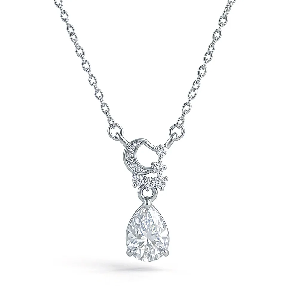 1.25ct water drop moissanite pendant S925 silver crescent moon necklace romantic girl heart light luxury collarbone chain