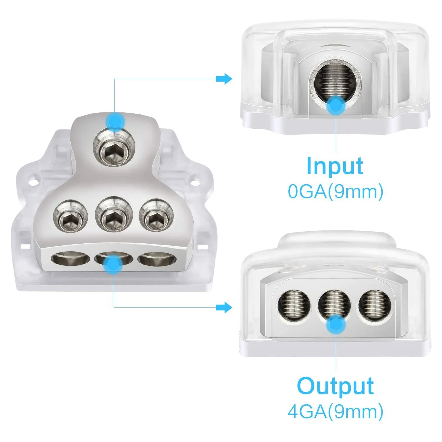 3 Way Power Distribution Block 1X0 Gauge in / 3X4Gauge Out Amp Connecting Block for Car Amplifier Audio Splitter 2Pack B