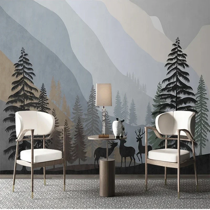 Modern Pattern Nordic Forest Elk Scenery Distant Mountains Restauran Background Wall Mural Papel De Parede Decoracion Hogar
