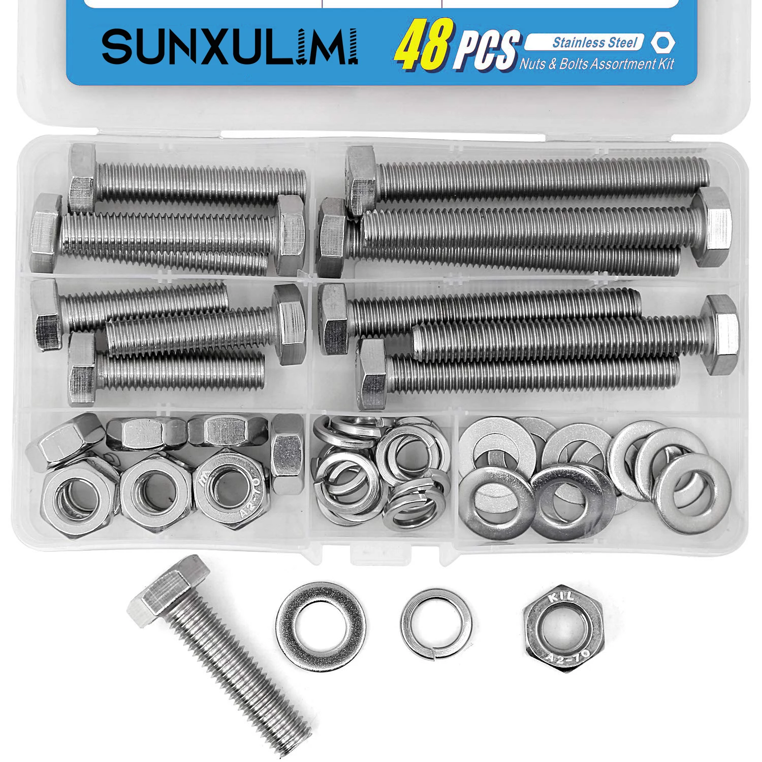 12 sets of M10 stainless steel heavy-duty screw bolts and nuts flat lock washers, full machine threads, 40/50/70/80 millimeters