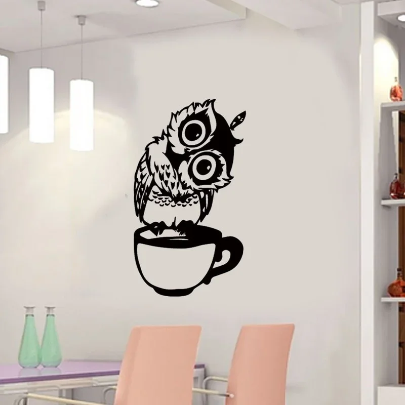 Cute Cartoon Owl on Mug Wall Stickers Coffee Decorative Decal for Kitchen Dining Room Vinyl Stickers for Coffee Bar Home Decor