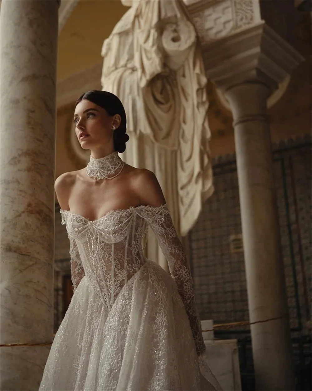 

Customized White Off the Shoulder Wedding Dress Long Sleeves A-Line Lace Bridal Gown Elegant Floor-Length Sweetheart Vestidos