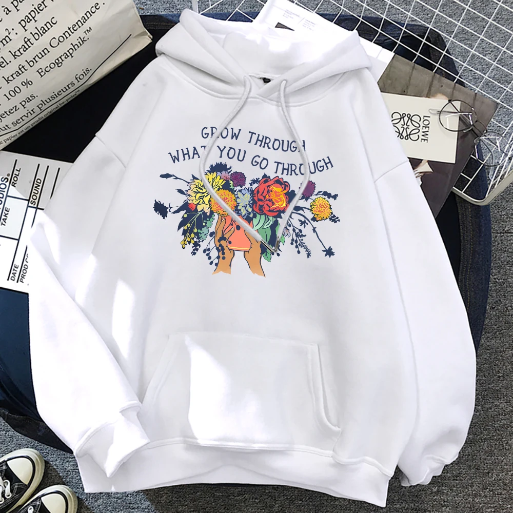 Grow Through What You Go Through Flower Pot Hoody Mens Casual Street Pullover Crewneck Fleece Pocket Sweatshirt Soft Man Hoodies