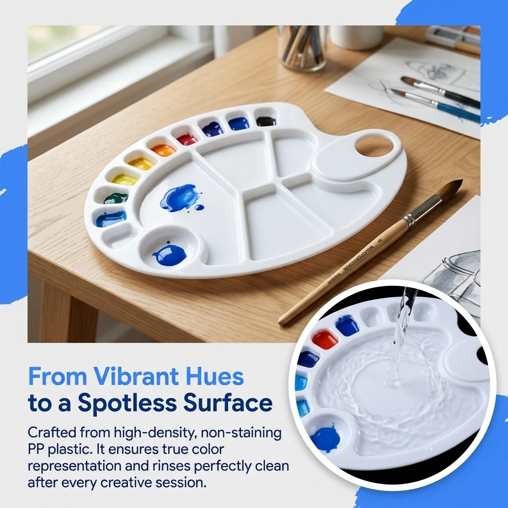 White Plastic Paint Palette, Art Mixing Tray for Watercolor Acrylic & Oil, Smooth Non-Stick Painting Supplies for Students