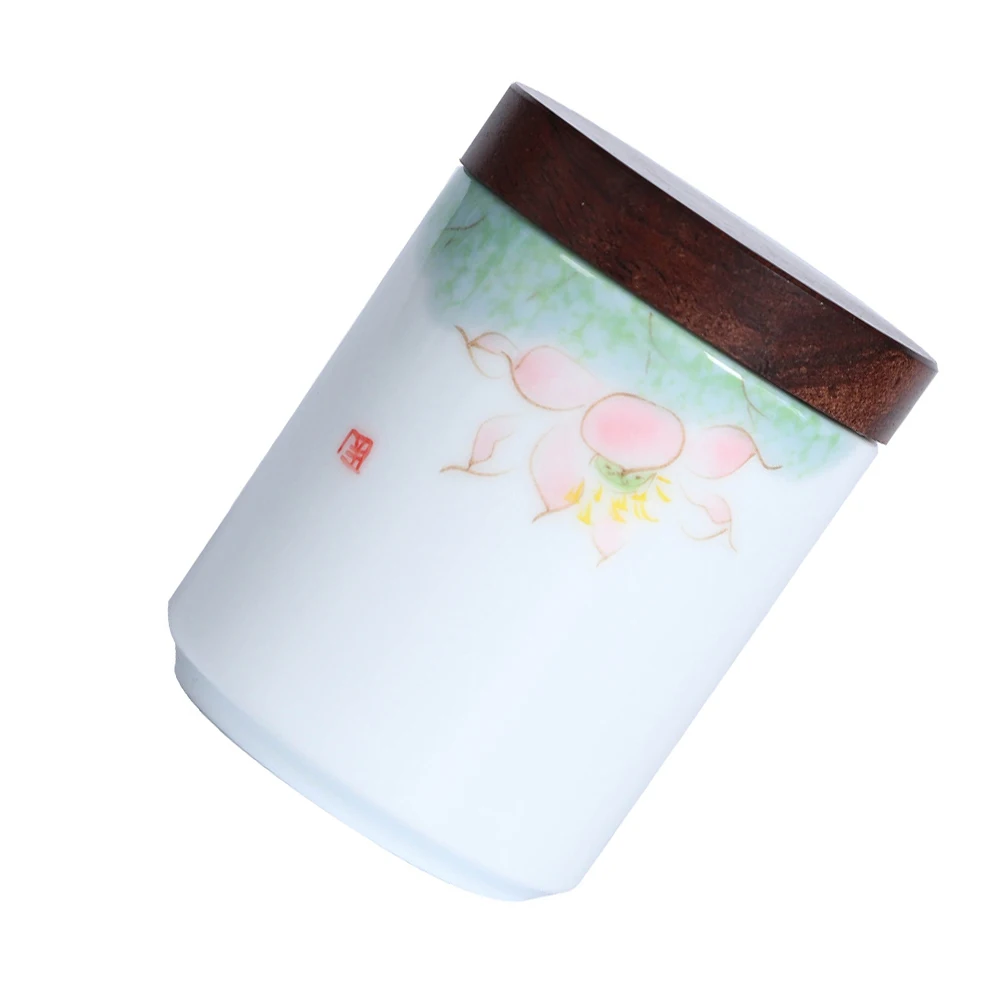 

Lotus Ceramic Jar Ancient Style Tea Canister Wooden Lid Airtight Container Storage Bottle For Honey Black Green Tea Scented