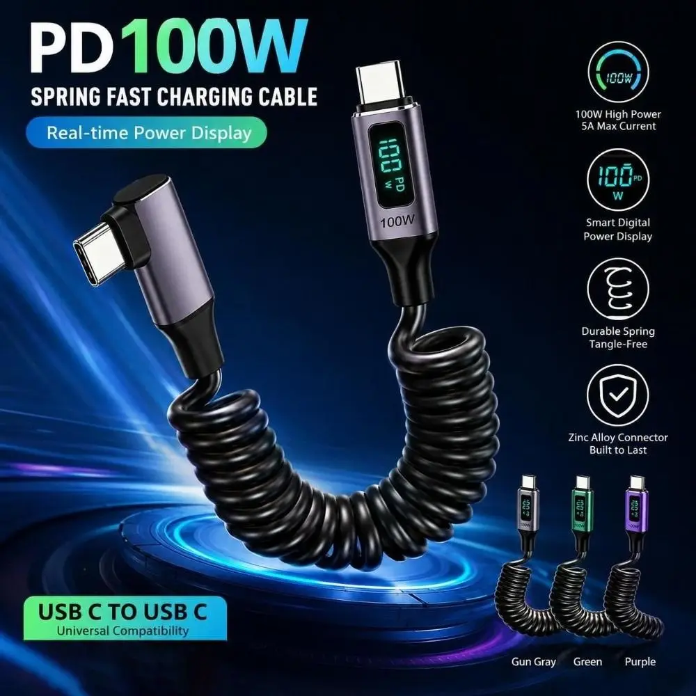 100W Fast Charging Right Angle USB-C Cable Real-Time Display Data Transfer Digital Display Cable E-Marker Chip 5A