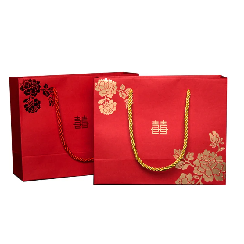 Chinese Style Rose Flowers Red Double Happiness Wedding Gift Paper Bag with Handle Package Candy Bags Wholesale SN4547