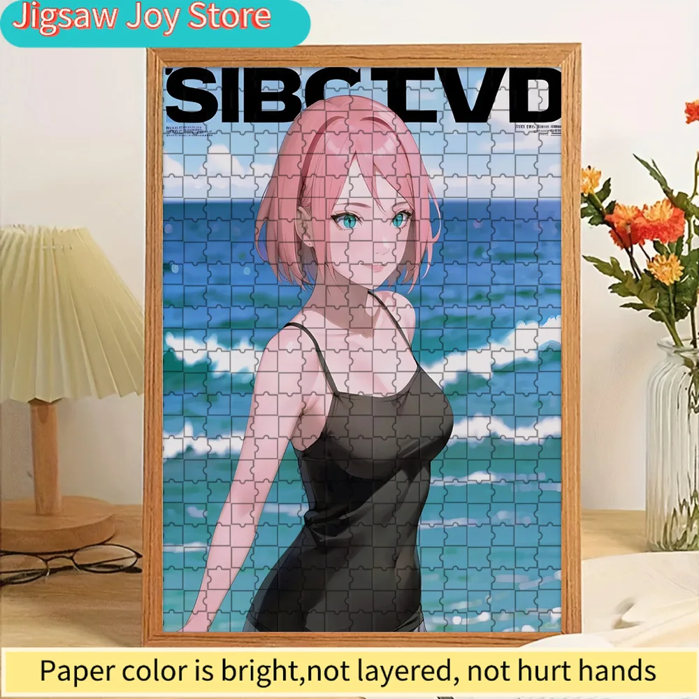 

Sakura Haruno Paper Puzzle, Stunning Naruto Anime Character Art of Pink-Haired Beauty in Black Camisole, Magazine Cover Style Il