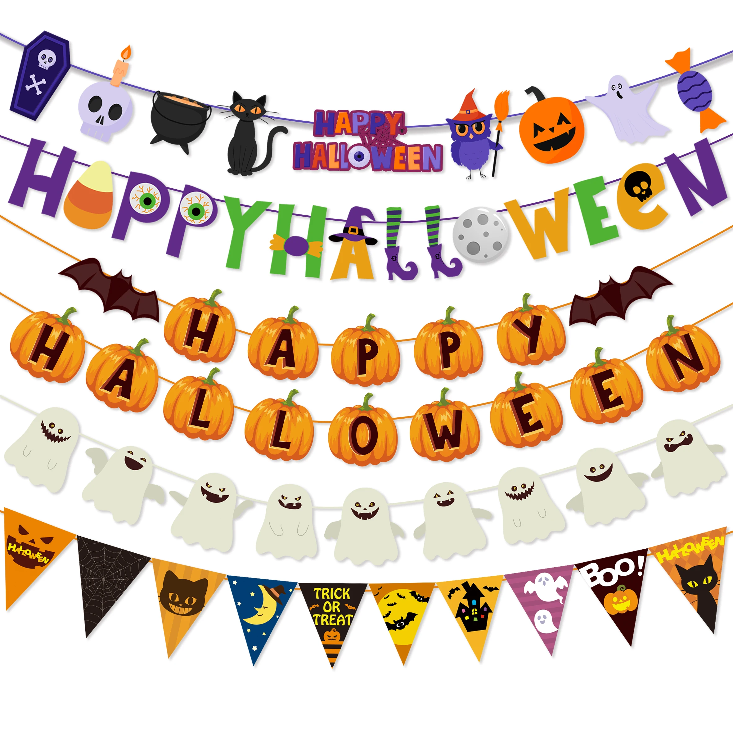 1 zestaw Happy Halloween Banner Pumpkin Bat Pattern Bunting Home Decor for Fireplace Halloween Theme Party Decorations Supplies