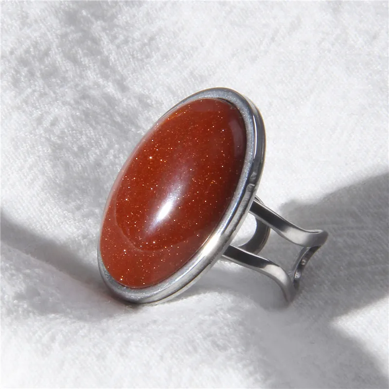 Natural Stone Ring for Women Vintage Silver Color Aventurine Stone Rings Big Cabochon Open Ring Adjustable Men Female Jewelry