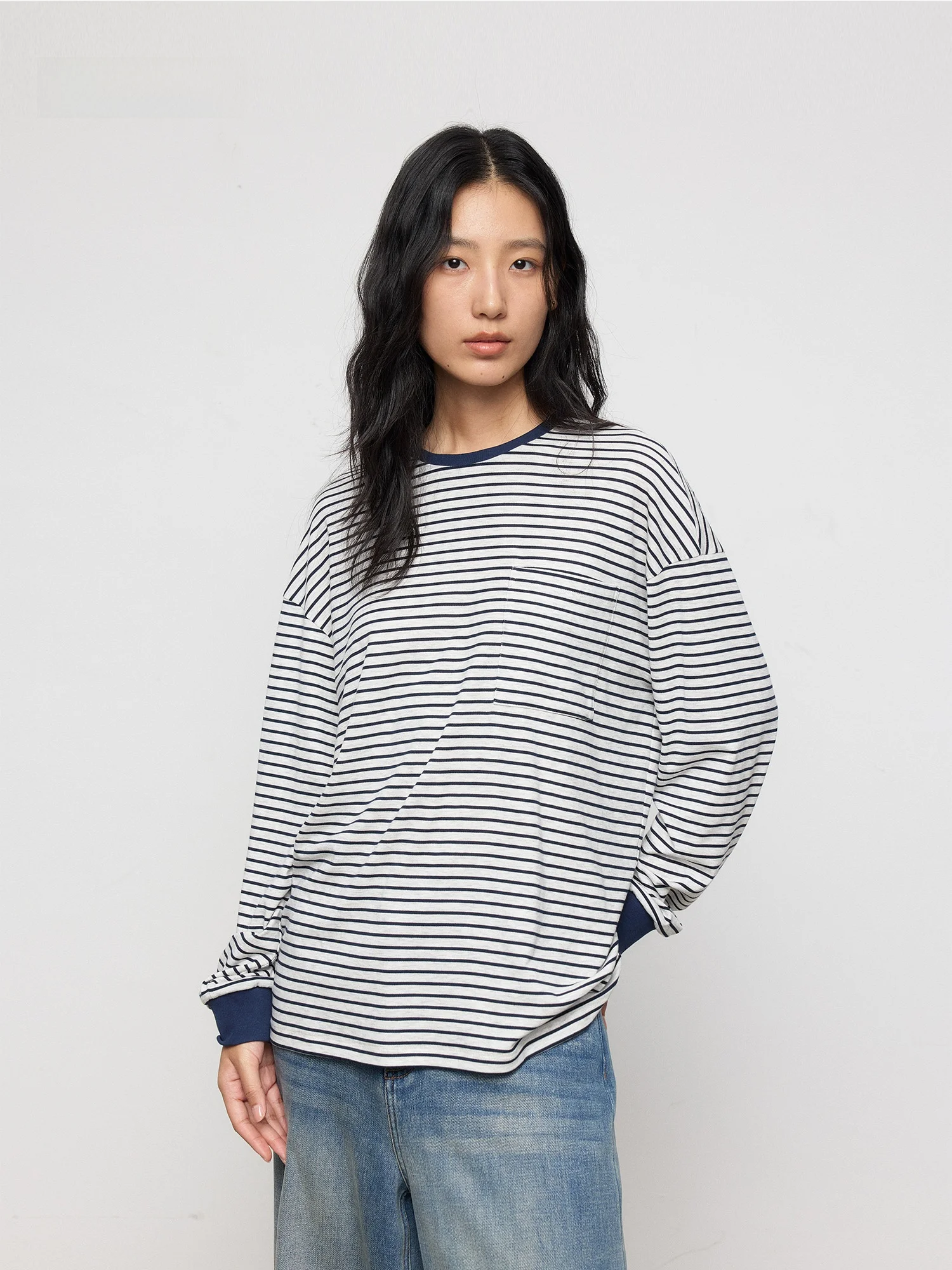 

Женская морская футболка MARIUS с длинным рукавом, свободного кроя, в полоску, повседневная, для многослойных образов, прямого силуэта