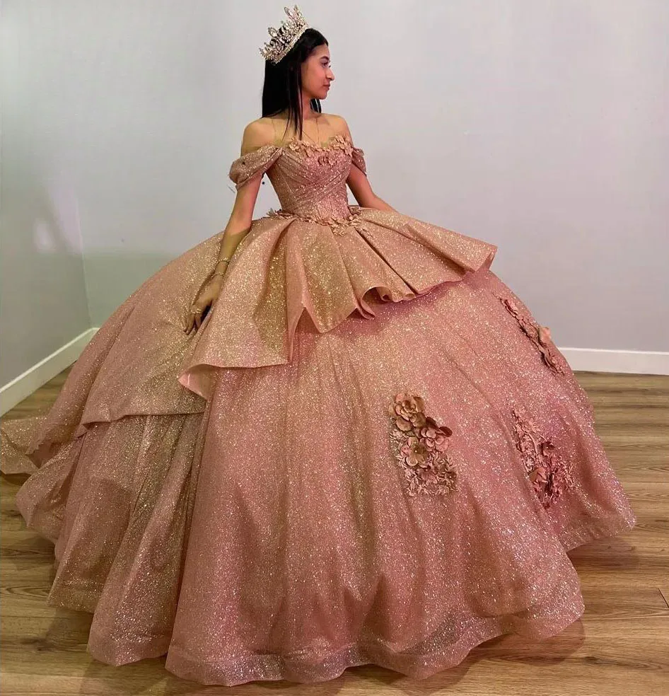 Vestidos de Quinceañera de princesa brillante, vestido de baile sin hombros, lentejuelas florales, dulces 16, 15 Años, personalizado