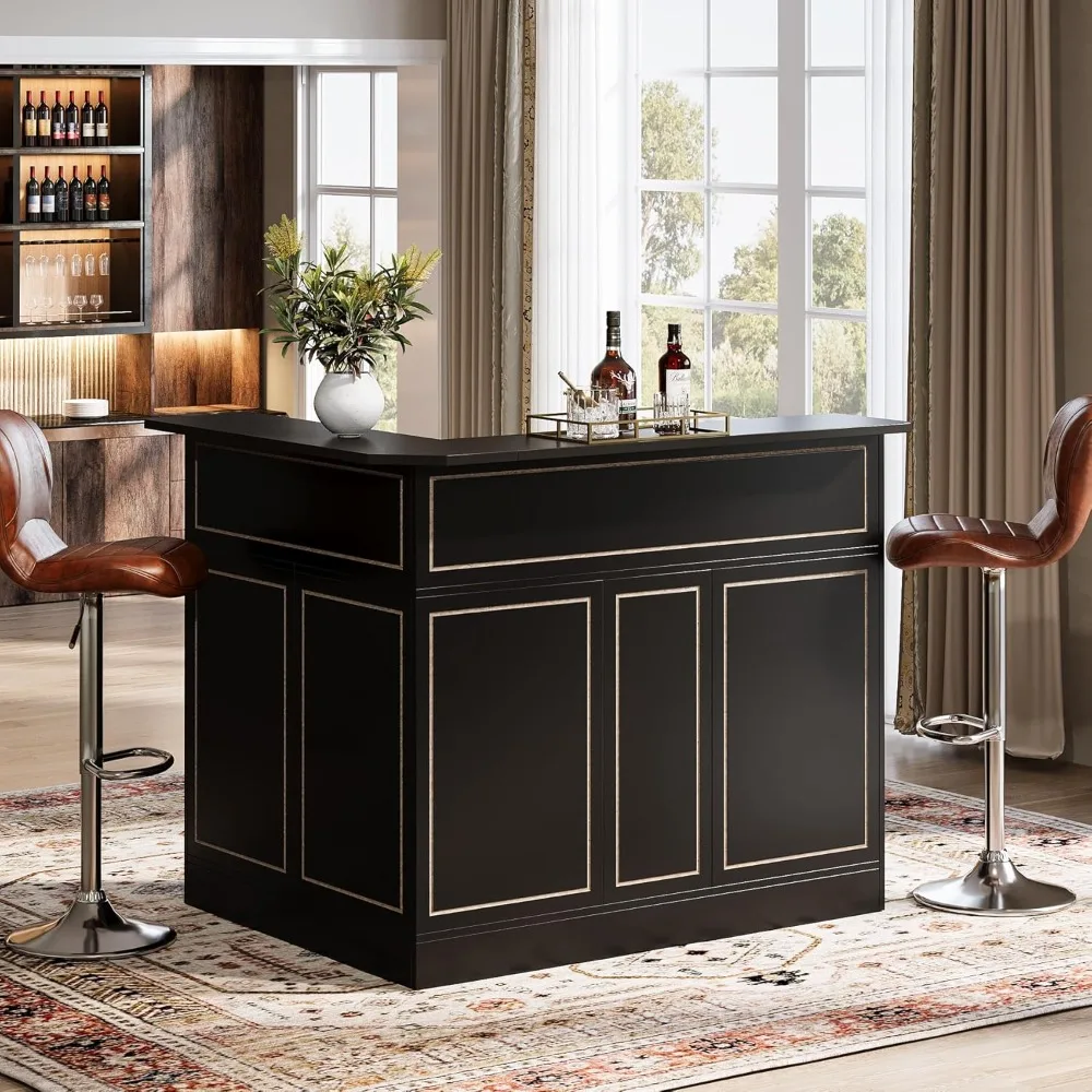 Bar Cabinet,L-Shaped Home Table with Stemware Racks,4-Tier Corner Bar Unit Liquor Wine Table Reception Desk for Home Pub