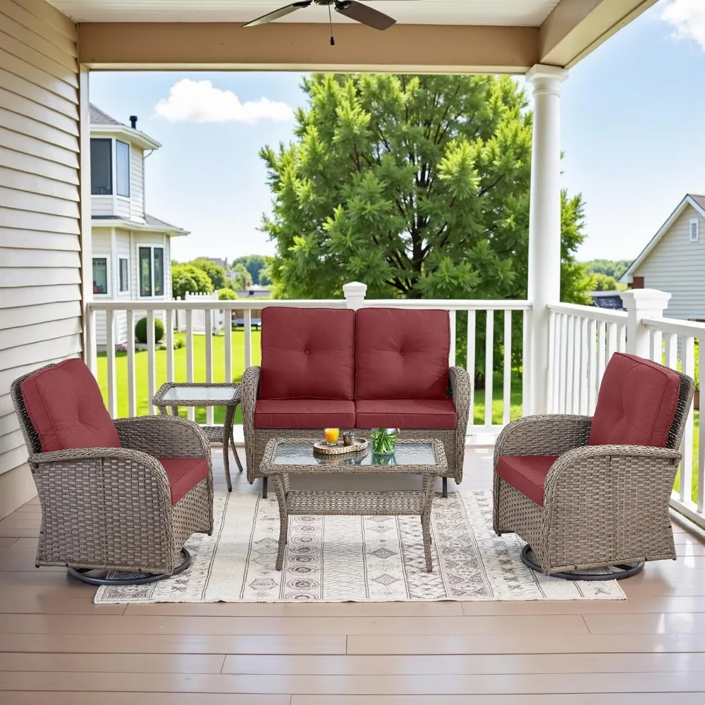 

5 Piece Wicker Patio Furniture Set - Outdoor Conversation Sets with Deep Seating Swivel Rocker Chairs Loveseat and Rattan Coffee