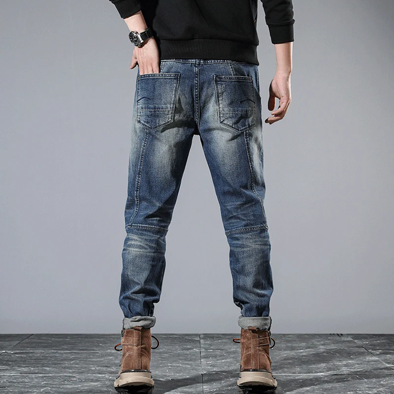 Street Designer Fashion Men Jeans High Quality Retro Blue Stretch Slim Fit Spliced Biker Jeans Men Patched Hip Hop Denim Pants