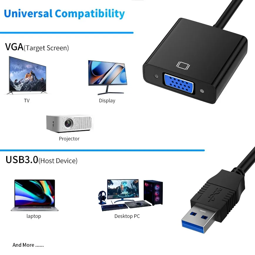 1080P USB 3.0 to VGA Video Display Adapter Multi-Display Converter Video Cable for Projector Laptop Monitor PC TV