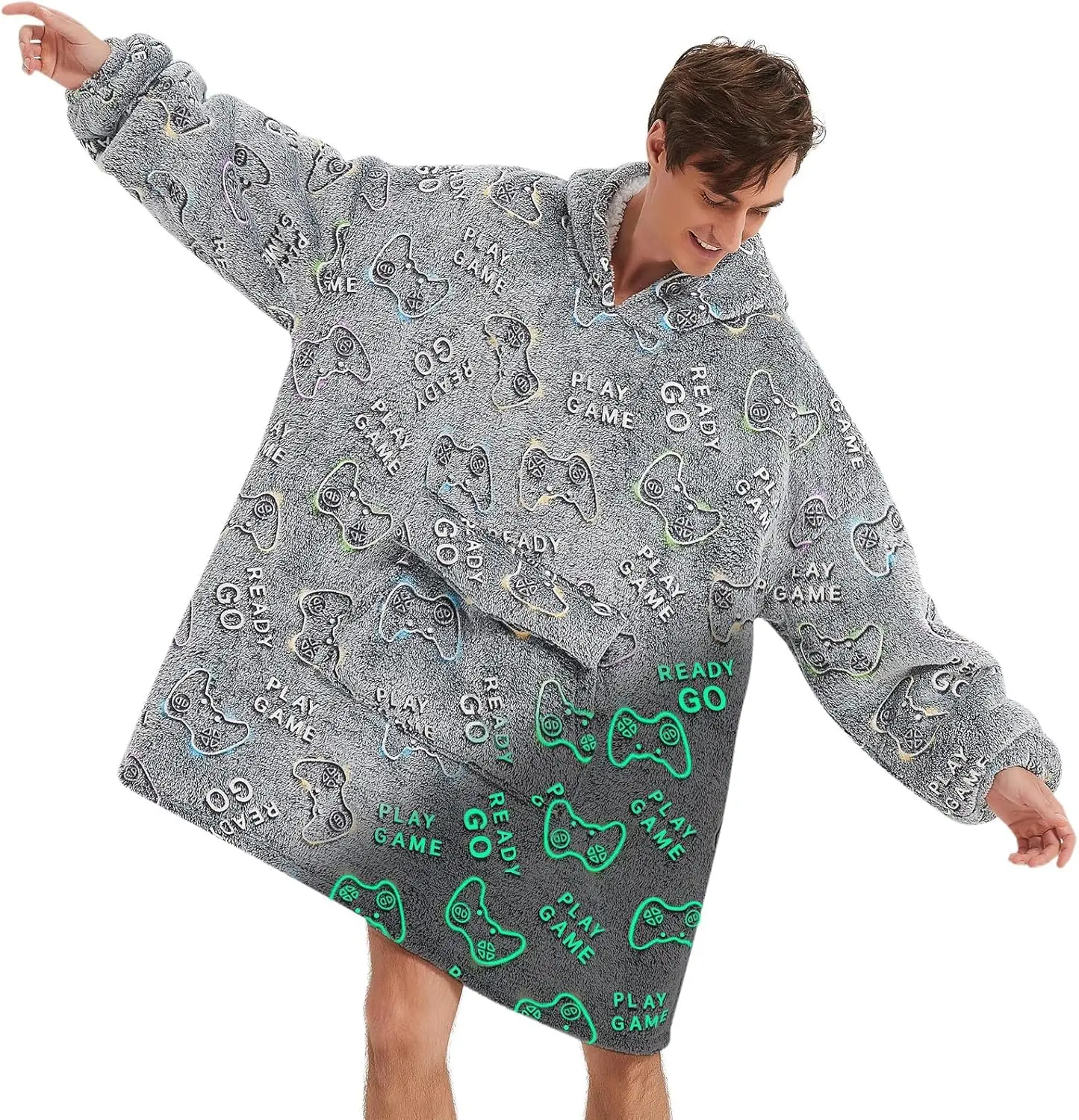 

Glow in The Dark Game Controller Wearable Blanket Hoodie for Adults, Oversized Sherpa Fleece for Women and Men