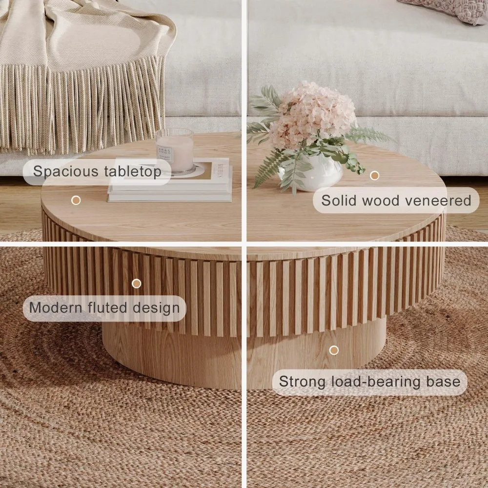 현대적인 원목 라운드 커피 테이블 (수납 포함), 거실용 원목 베니어 액센트 테이블