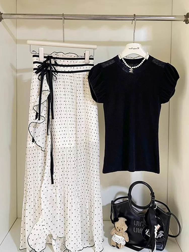 Slimming Retro Set Dr Women Summer ort Sve T-irt Top Asymmetrical Polka Dot Split f-length Skirt Two-piece Set