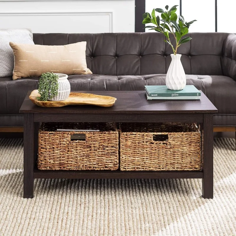 Alayna Mission Style Two Tier Coffee Table with Rattan Storage Baskets, 40 Inch, Espresso