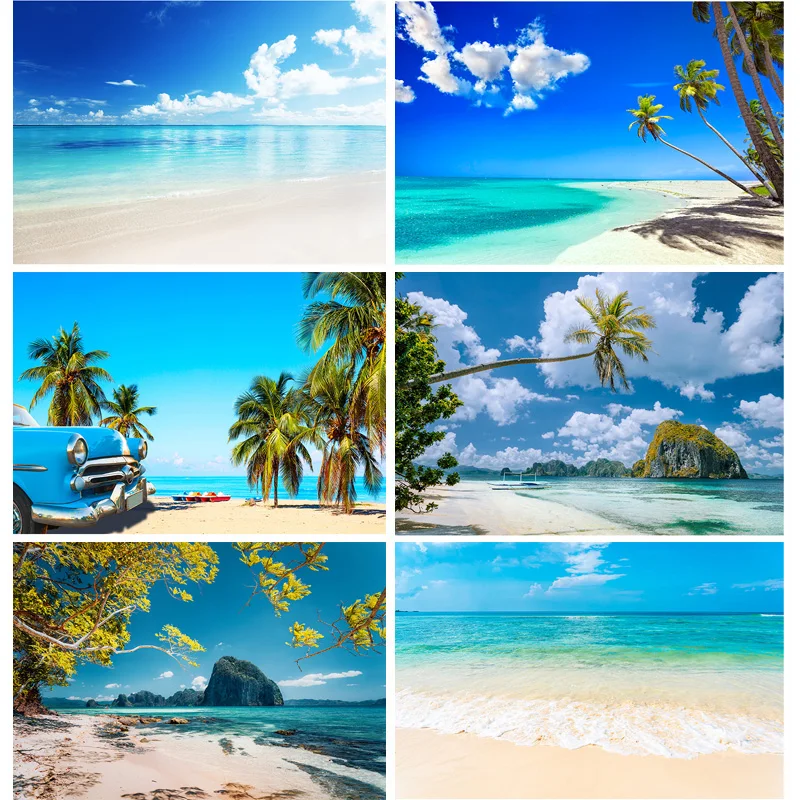 

Tropical Beach Natural Landscape Photography Backdrops Landscape Blue Sky Sea Palm trees Summer Vacation Photo Background ST-01