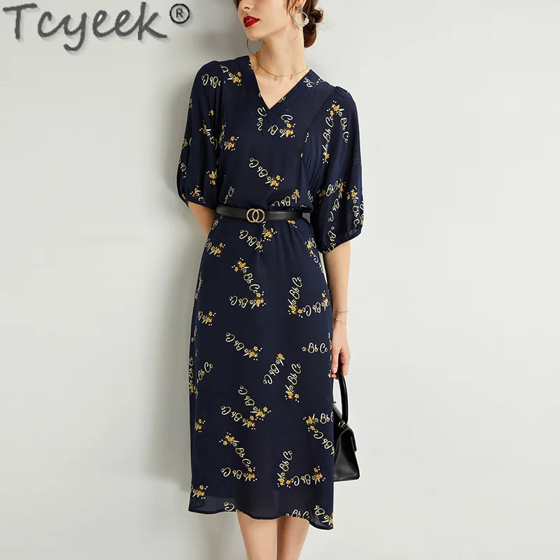 

Tcyeek 100% Mulberry Silk Dresses Summer Long Dress Women's Dress Elegant Dresses for Women 2024 Belt Print Dress Vestidos Mujer