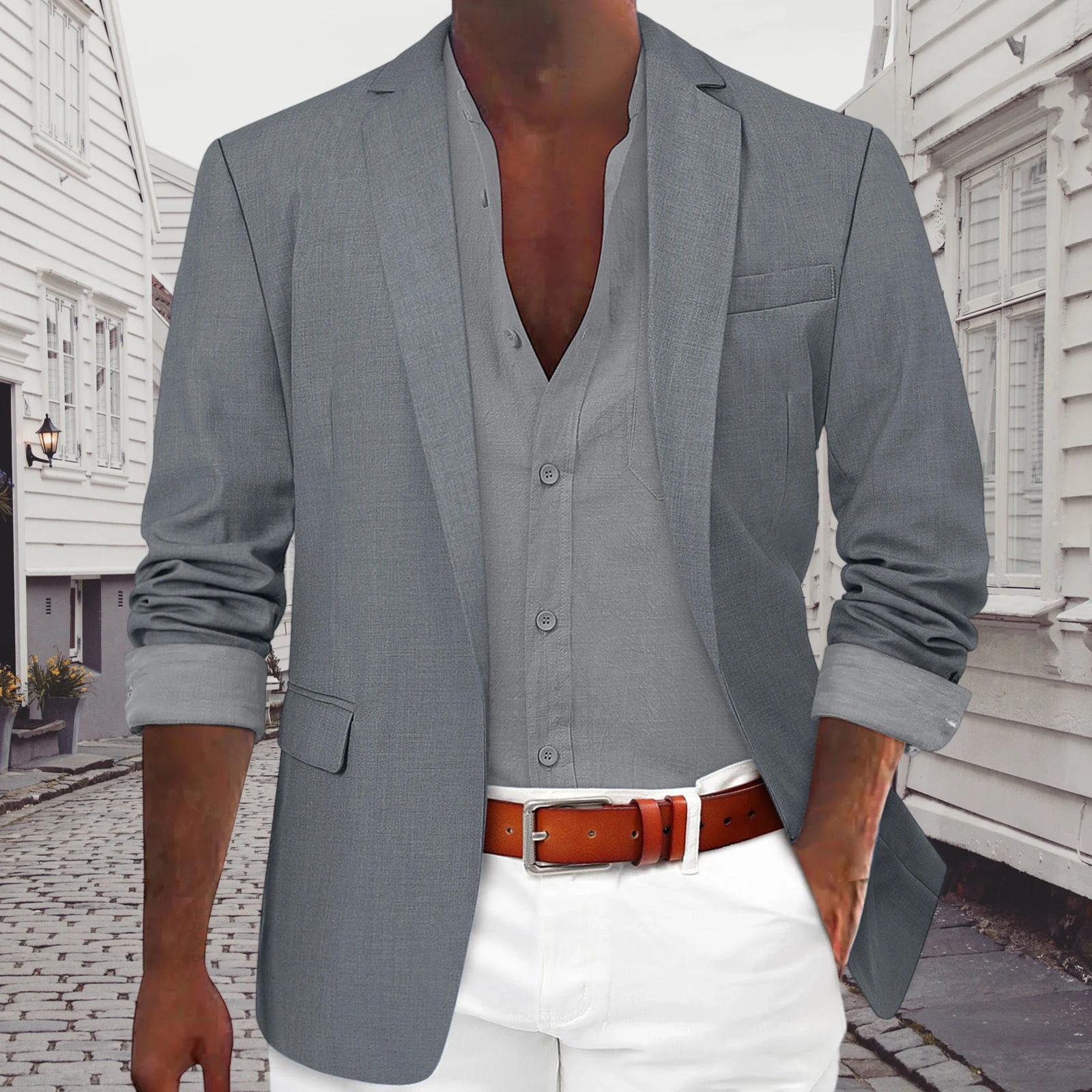 Men's Casual Blazer Single Button Stylish Solid Color Lapel V Neck Long Sleeve Sport Coats for Spring and Fall