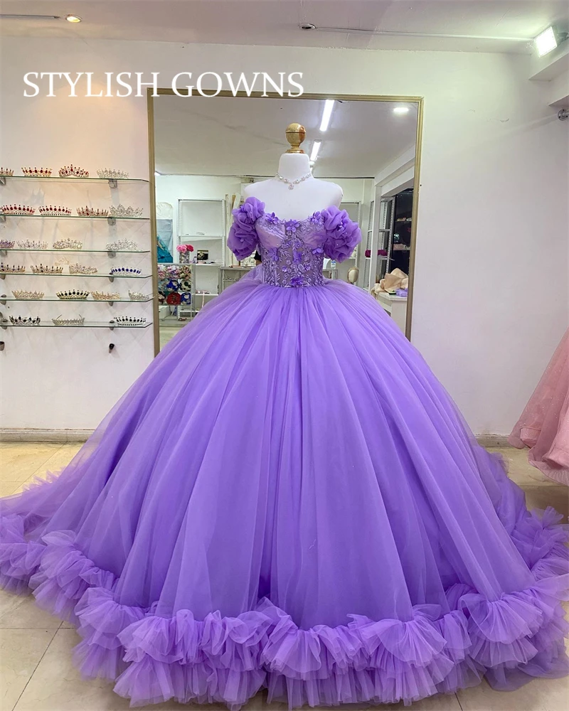 

Purple Off Shoulder Quinceanera Dresses Applique Ball Gown Beaded Prom Graduation Gowns Appliques Ruffles Vestidos De 15 Año