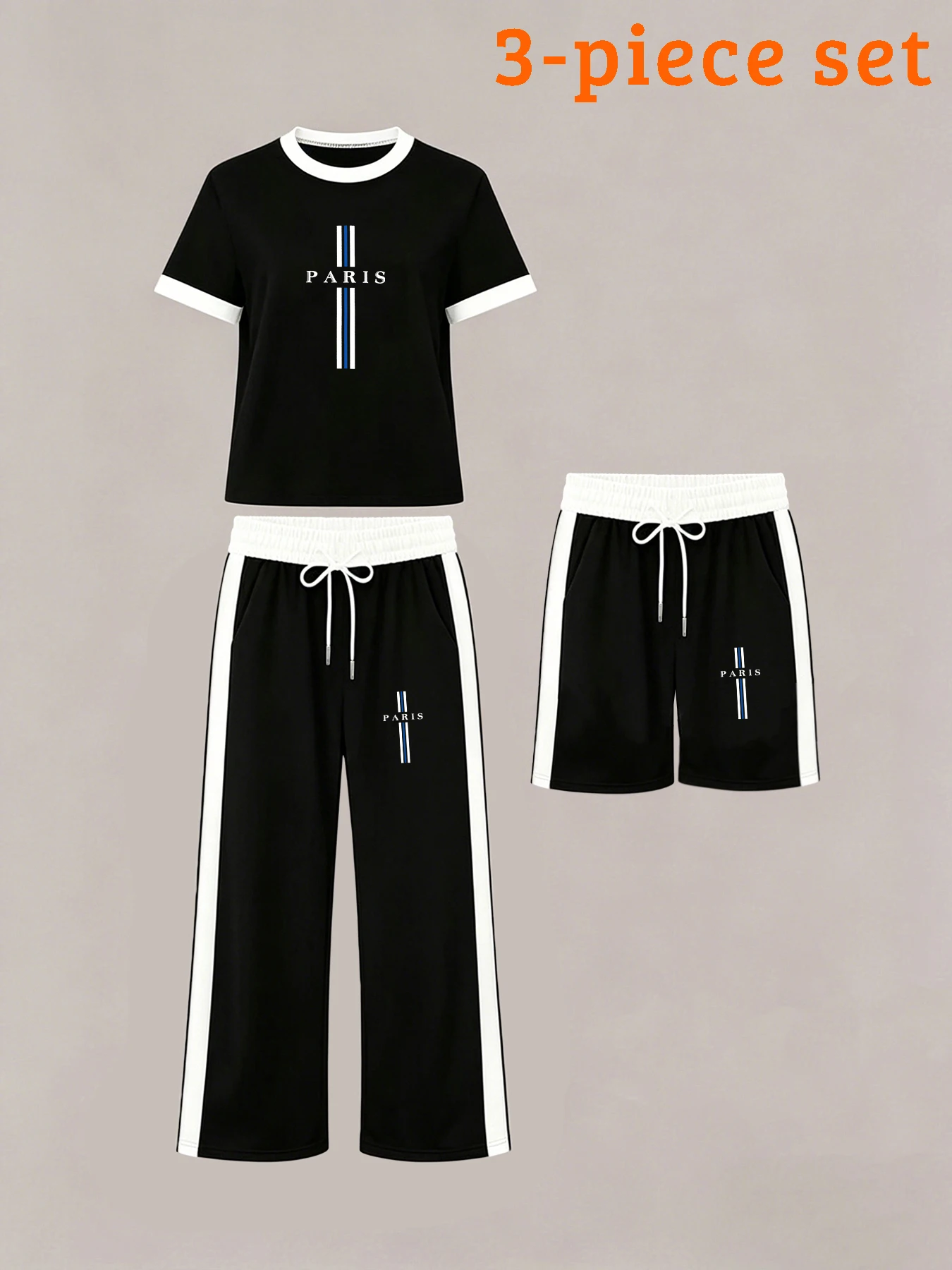 

French-Style Minimalist Summer Women's Three-Piece Set: Paris Letter Stripe Print Color-Block Short-Sleeve T-Shirt, Shorts + Long Pants, Loose Casual Style Round-Neck T-Shirt, Straight-Leg Shorts Three-Piece Set, Summer Daily Wear for Going Out and Commut