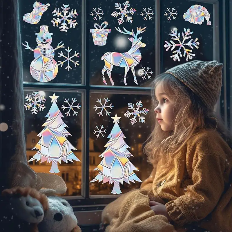 SuncatcherChristmas Snowflake Window Sticker Xmas Tree Snowman Laser Rainbow Wall Decal 2024 New Year Kids Room Home Decoration