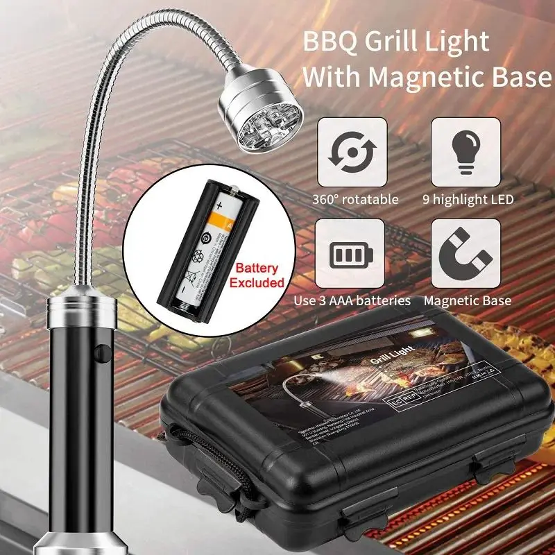 2/4pcs 360 Degree Adjustable Grill Light 9 LEDs Grill Lamp With Magnetic Base Flexible Neck Barbecue Light Durable Barbecue Lamp