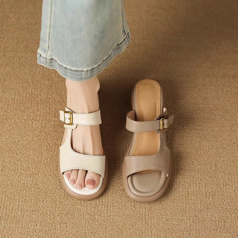 Leather Sandals Women's Summer Thick Heel Buckle Casual Style Memory Foam Insole Anti-Slip Polyurethane Outsole Increased Height