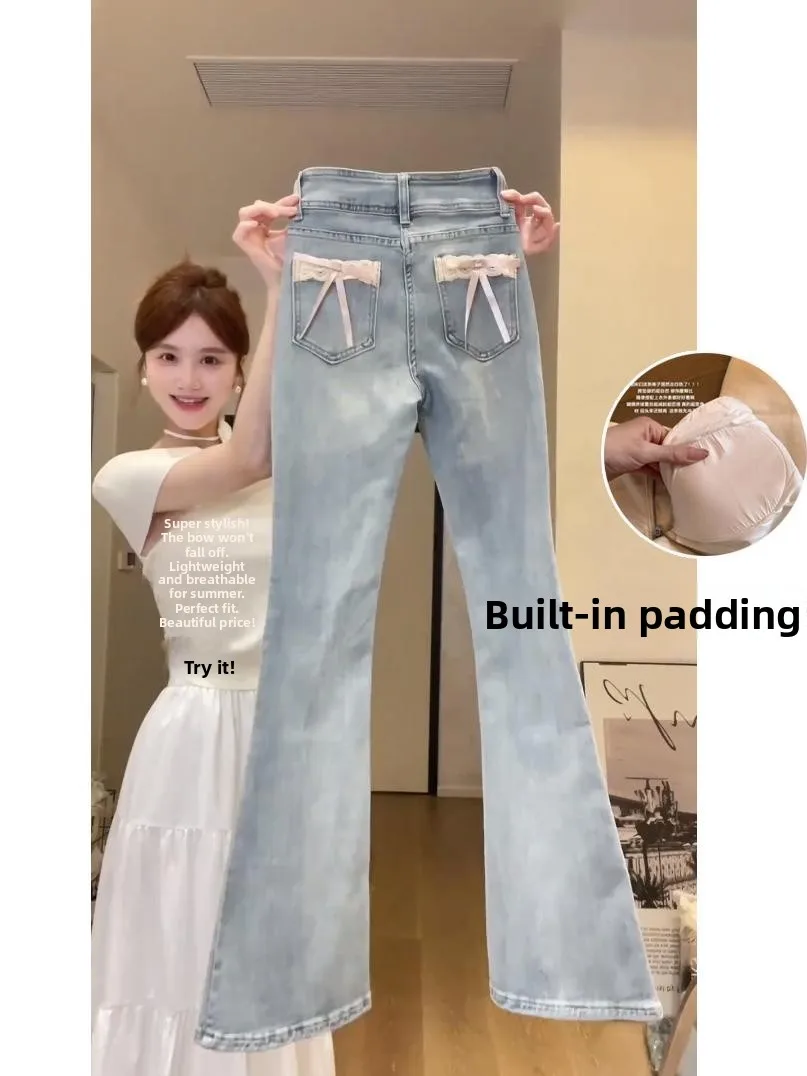 Sweet High Waist Bell Bottom Jeans Lace Panel  Knot Double Buckle Women's Casual Wear Multi Pocket Wide Leg Pants