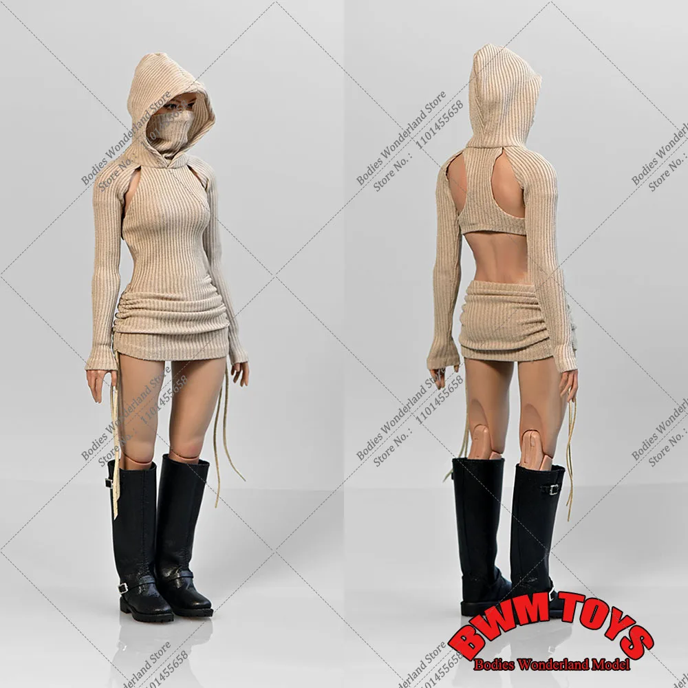 1/6 Hottie Doomsday Trash Style Hooded Long-sleeved Knit Dress Sexy Backless Drawstring Butt Slim Skirt for 12'' Female Body