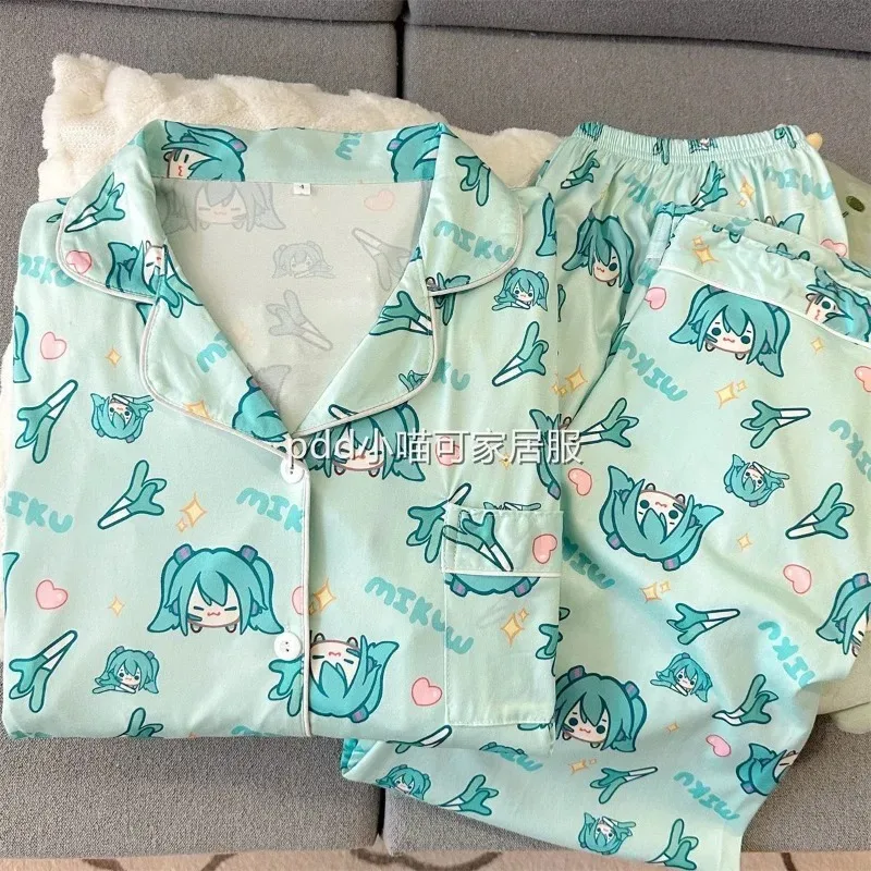 

Hatsune Miku Creative Cute Japanese Cartoon Anime Miku Long Sleeve Long Pants Pajamas Kawaii Girls Home Clothes Set Wholesale