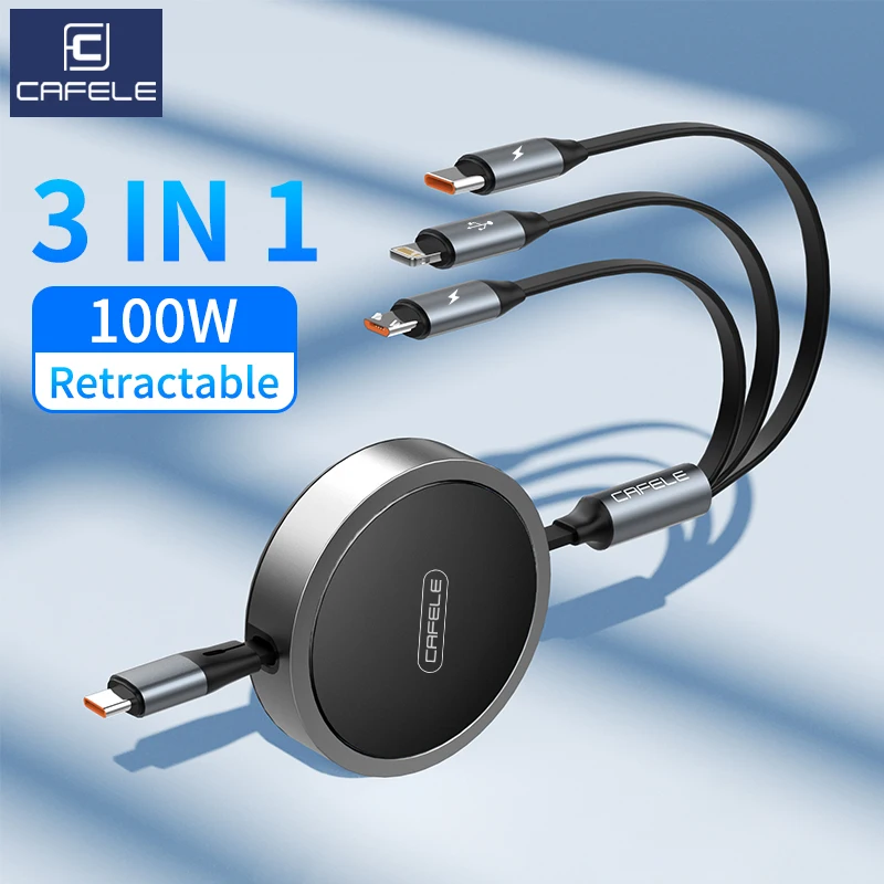 

CAFELE Multi Charging Cable for iphone 16 15 14 100W 3 in 1 Data Cord Retractable Fast Charge Micro USB Type C Lightning Charger