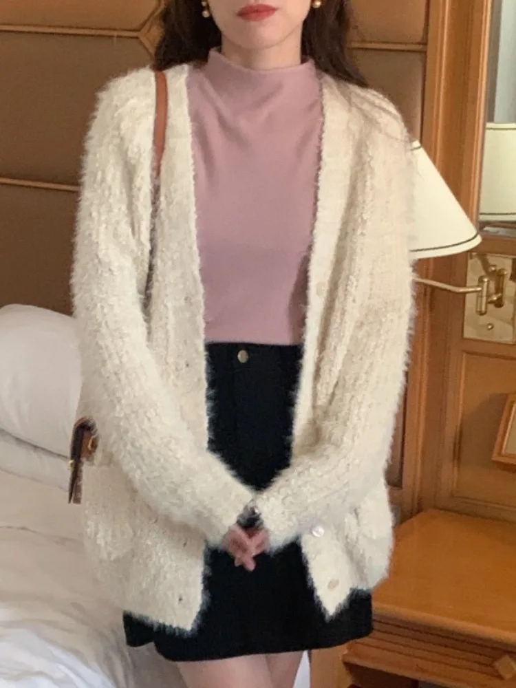 

Chic Autumn Winter New Sle Retro Lazy Knitted Sweater Women's Mid-Length Furry Coat Trendy Long Sve Casual Outerwear