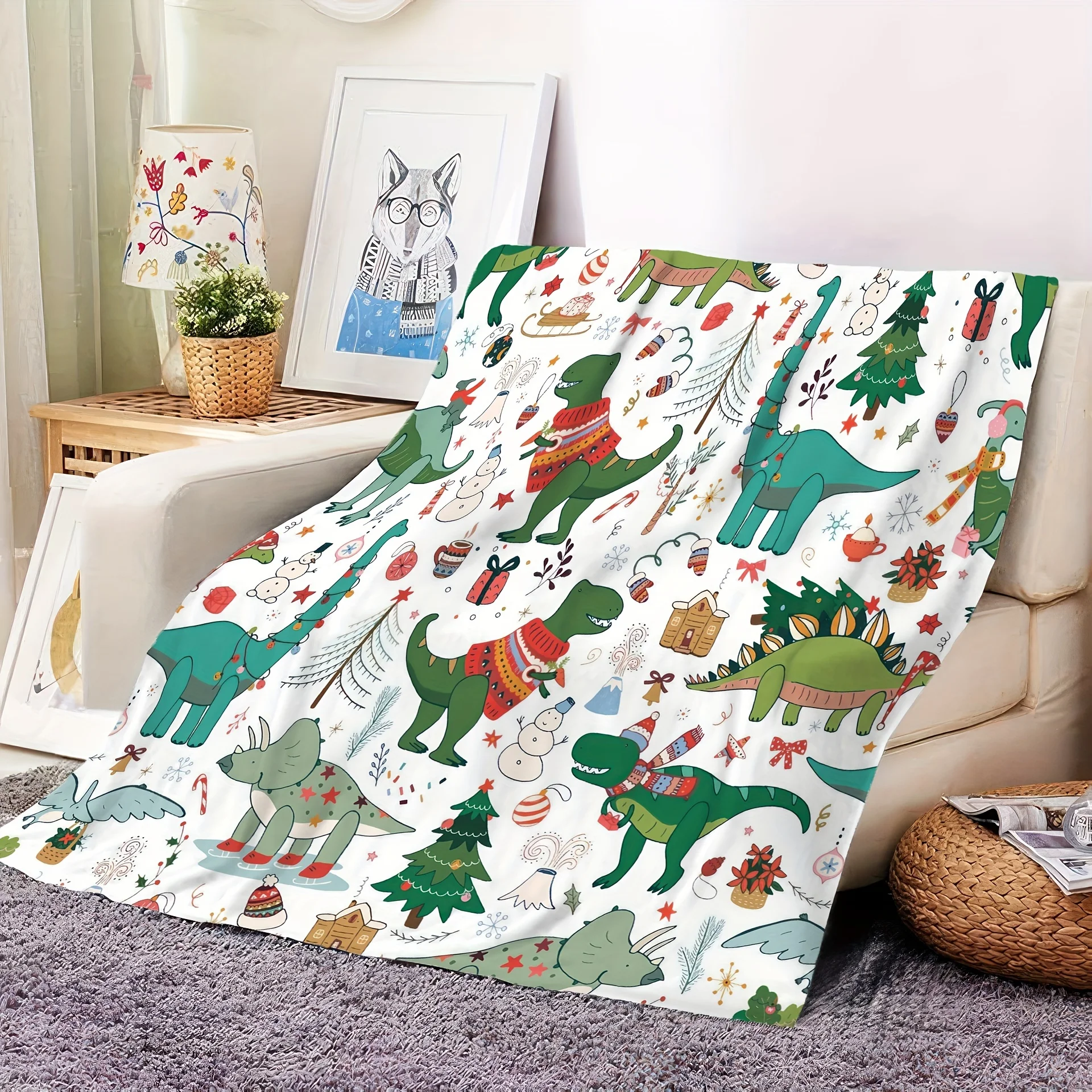 Cozy Christmas Dinosaur Cartoon Flannel Throw Blanket - Soft, Warm & Reversible for Couch, Office, Bed, Camping