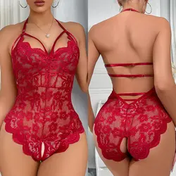 Sexy Red Crotchless Lingerie Women Lace Transparent Bra Erotic Costumes Teddy Baby Doll Dress Deep V Open Bra Porn Underwear Set