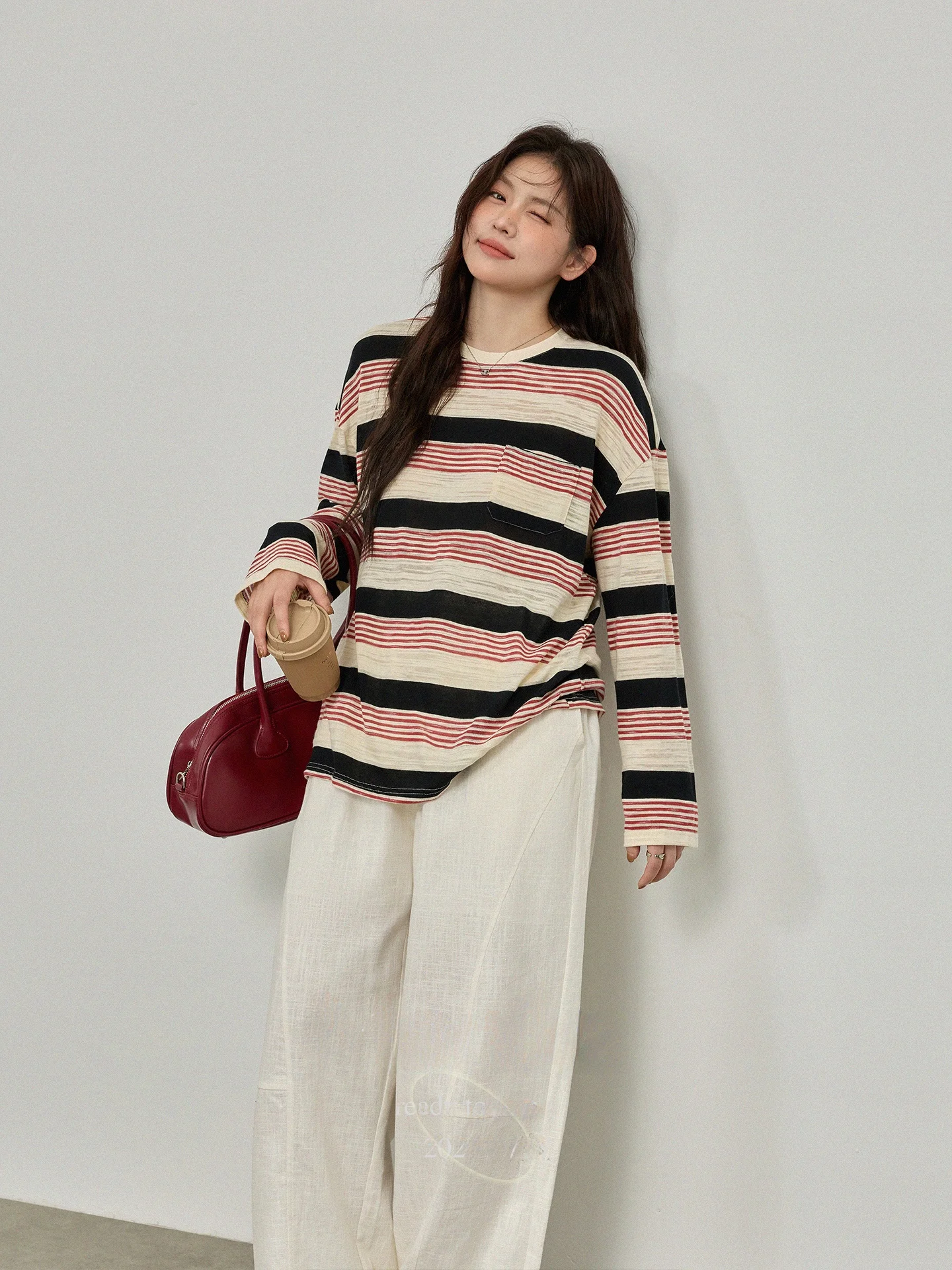 

plus Size Women's round Neck Long Sleeve Striped Slimming T-Shirt Spring Fashionable Versatile Korean Style Casual Cotton Top