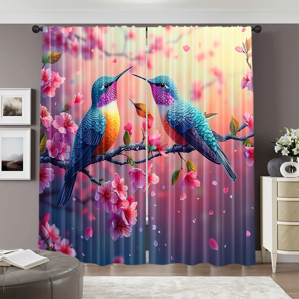 2pcs, 2D flat Window Curtains Charming hummingbirds Versatile Polyester,Without Electricity Family Party for Multipurpose Event