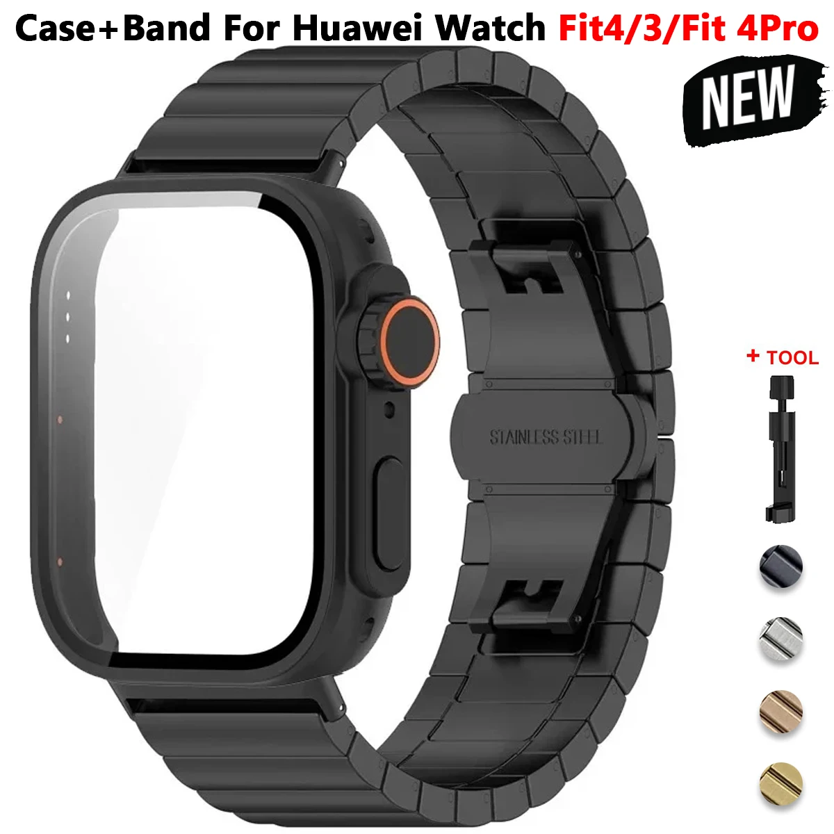 Gehäuse + Edelstahlband für Huawei Watch Fit4/Fit 4Pro, schützendes Ultra-Gehäuse, Metallarmband für Huawei Watch Fit 3, nur Hülle