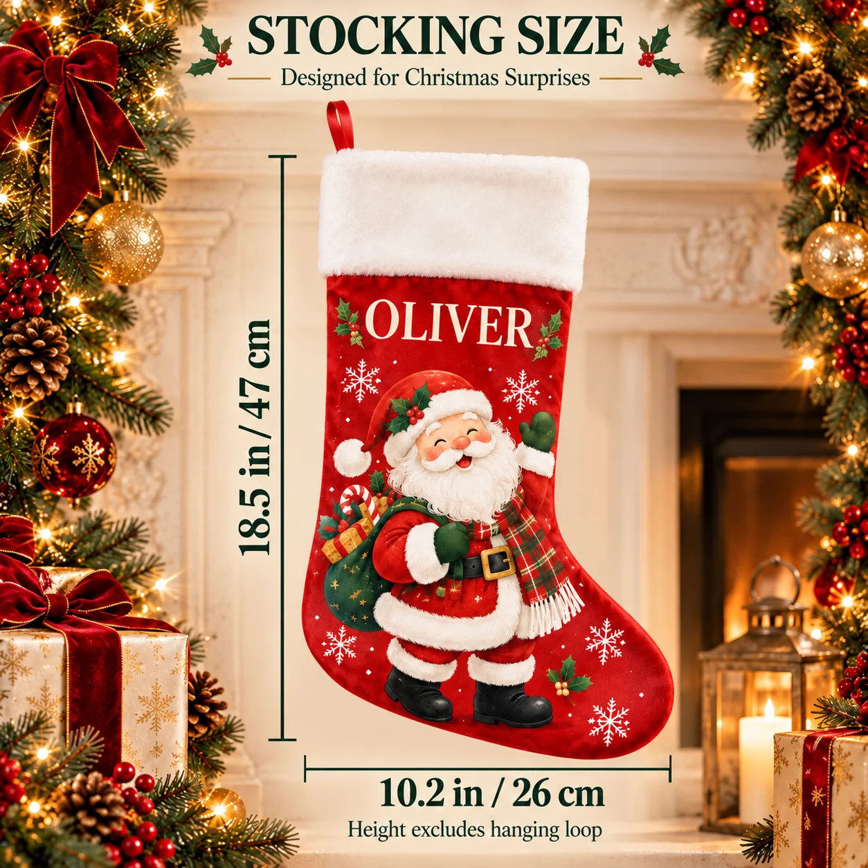 Personalized Christmas Stocking with Custom Name Photo and Message Printed in Fixed Colors for Holiday Fireplace Decor and Gifts
